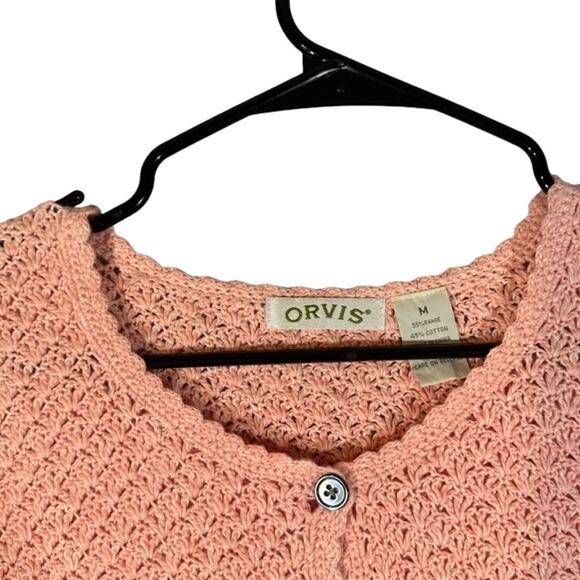 Orvis Pink Short Sleeve Textured Knit Button Down Sweater Blouse Women Sz M - Picture 5 of 6